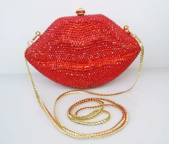 Стилен Диамант вечерна чанта Секси Red Lips Crystal Evening Bag Gold metal Party чантата си булка, сватбената чанта е с верига чанта 88313