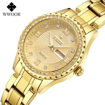 Луксозна марка WWOOR Diamond Watches For Women Fashion Dress Gold Watch Women Date кварцов елегантен дамски часовник гривна reloj mujer