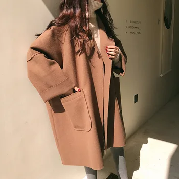 Oversize Coat Female 2020 есен дамско палто с дълъг стил карманное Женски кафява вълнена палто дамско ежедневното свободно черна козина