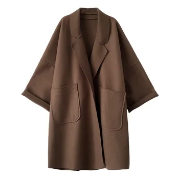 Oversize Coat Female 2020 есен дамско палто с дълъг стил карманное Женски кафява вълнена палто дамско ежедневното свободно черна козина