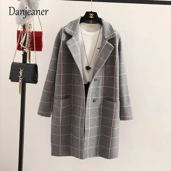 Danjeaner пролет есен женски вълна тренч корейската мода дълга вълна палто однобортный тънък женски Есен Зима вълнени палта