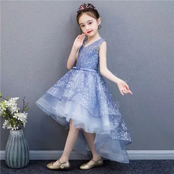 Апликация Момичета Сватбена Рокля Дълъг Тюл Цвете Момиче Обличам Официално Облекло Принцеса Синя Дантела Вечерна Парти Детски Рокли На Кръщението
