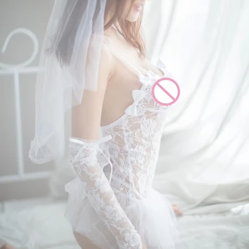Гореща 1бр бельо Бели униформи рокля на шаферка на сватбата на перспективата дантела марля облекло еротично секси бельо, костюми
