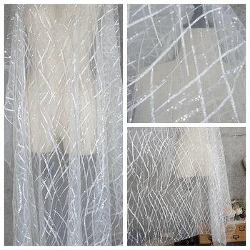 2 метра луксозен качеството на новата мода бели лъскави пайети на мрежата бродерия лейси плат за сватбена рокля лейси плат