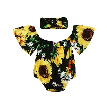 Новородено момиченце летни дрехи на Слънчогледа печат с рамо боди Sunsuit лента за глава и 2 бр. комплект дрехи