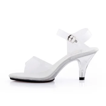 Металната тръба танцови сандали жени качеството на ултра висок ток 7-20 см прозрачен кристал Дама обувки модел на подиум голям двор