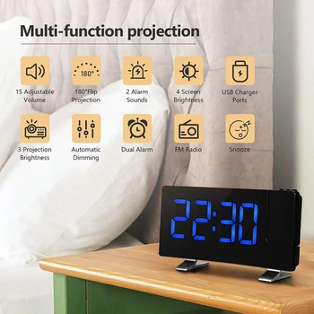 Прожекционен alarm clock, 7-инчов led голям дигитален дисплей с извит екран, автоматично регулиране на яркостта, 12/24 часа,двойна аларма C