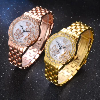 Луксозни диамантени стоманени ленти Ms кварцов аналогов часовник 3d пеперуда диамантени часовници дамски часовници часовници дамски модни часовници