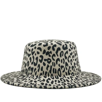 Нов широка периферия леопардовым принтом с плосък покрив вълна фетровая шапка Fedora За Жени Есен Зима шапка Джаз Cap черно група