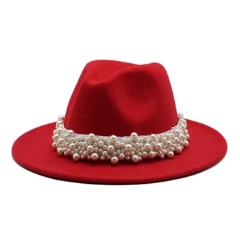 дамски шапки зима широка периферия група колан перлата на луксозна марка джаз шапки официално църквата зимни дамски шапки бял розов филц шапки