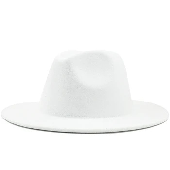 Просто външен бял вътрешен небето-син вълнен филц Джаз Fedora шапки с глоба катарама на колана на Мъже, Жени широки полета Панама фетровая шапка 56-60 см