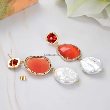 GG Jewelry натурален бял Монетен перли култивирани бели перли Кеши оранжев Кристал Cz темп на куката виси обеци