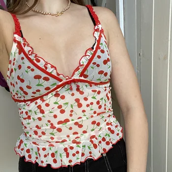 Sweet Girl Red Cherry Print Y2k Cami Top Women Summer Дантела Strap Разчорлям See Through Mesh Crop Top Sexy Camisole Tank Tops