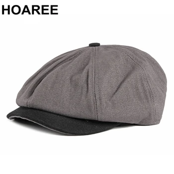HOAREE Newsboy Cap For Men британски стил мъжки хлопчатобумажный черно лоскутный взема шапка пролет лято мъжки осмоъгълна капачка