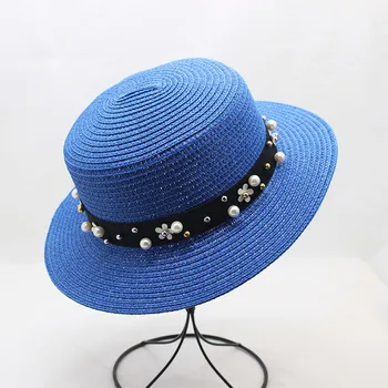 Дамски плажни шапки козирка на шапка Сламена Панама шапки за дама, елегантна Перлена солнцезащитная шапка с широка периферия лятна фетровая шапка сламена шапка Chapeu