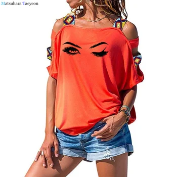 Мода Мигли И Вежди Печат Смешно Майк Жени Harajuku С Къс Ръкав Лято Тениска Върховете Жени 2020 Тениска Выдалбливают Рамо
