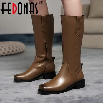 FEDONAS страничен цип зимни ботуши на ток мода нови естествена кожа ботуши до коляното квадратен чорап работни високи дамски ботуши