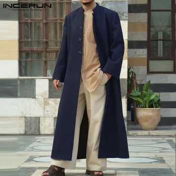 Реколта мъжки дълги палта с дълъг ръкав плътен цвят градинска облекло изкуствен руно смес Мъжки палта 2021 бутон дълъг стил тренч INCERUN