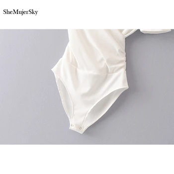 SheMujerSky с къс ръкав Бяло боди жените Секси V-образно деколте и тънък гащеризон 2020 лято разтеглив боди