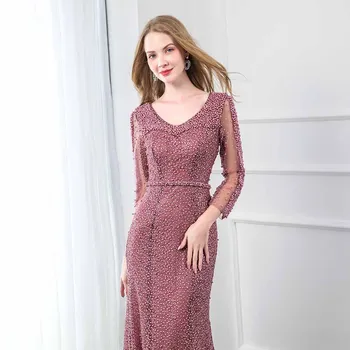 YQLNNE елегантна тъмно розово дантелено вечерна рокля с дълъг ръкав V-образно деколте от мъниста Русалка формално-секси вечерна рокля Party