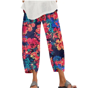 Плюс размер жени ретро цветя печатни Капри Панталони S-5XL Пролет Лято нов еластичен колан нередовни Boho печат панталони за жени