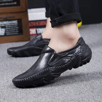 Мъжки Ежедневни обувки Мода луксозна марка естествена кожа за мъже слипоны мокасини меки дишащи лодка обувки, ръчно изработени мъжете