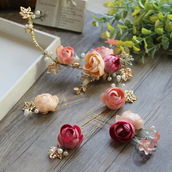 Сладък булката изкуствени цветя, костюм, ръчно изработени цветя фиби за коса комплекти за жени от шапка сватбени аксесоари за коса