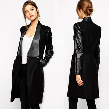 Зимна мода ново палто марка елегантна разпродажба черен контраст изкуствена кожа джобове вълнена мозайка дамско палто