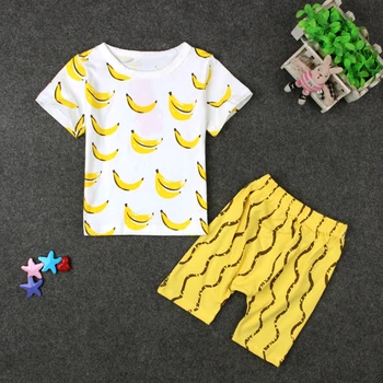 Годишни момчета комплект дрехи памук банан тениски + жълти шорти Детски пижами момчета, спортно облекло облекло Бебешки дрехи, комплекти