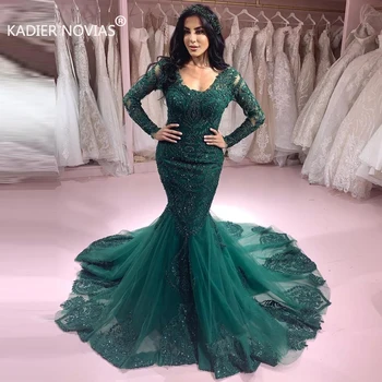 KADIER NOVIAS дълги ръкави и дантели Русалка зелени сватбени рокли 2020 арабски сватбени рокли, сватбени рокли