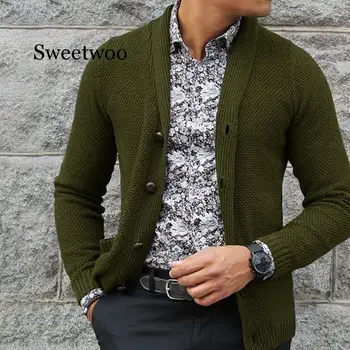 2020 нов мъжки Slim Fit отложным яка жилетка връхни дрехи мъжки плътен цвят плетени жилетки есен случайни пуловери, трикотаж