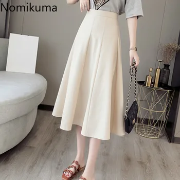 Nomikuma A Line пола с Висока Талия отзад цип плътен цвят елегантни поли OL дамски корейската мода Faldas Mujer 3a298