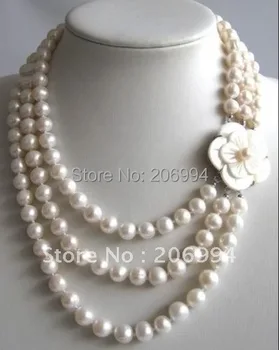 Ръчно изработени стилен 3 реда 7-8 мм сладководни бели перли на огърлица мивка цвете Закопчалката перлени бижута, мода бижута