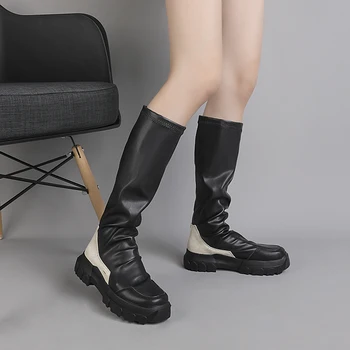 2020 мода ретро голям чорап буци платформа зимата на топло дълги ботуши жени коляното ботуши жена черен изкуствена кожа приплъзване на обувки