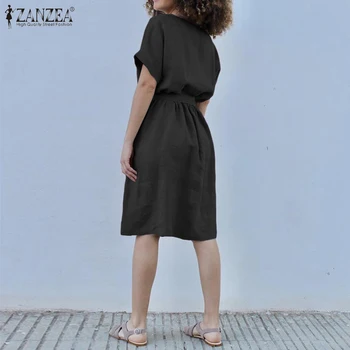 ZANZEA коляното рокля 2021 с къс ръкав стилен памук джобове женски сарафан случайни плътен годишният Vestidos женски O образно деколте халат 5XL
