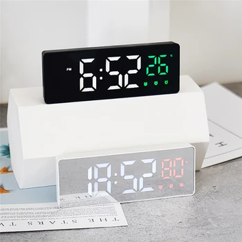 Digital alarm clock огледало led нощни светлини термометър стенен часовник аларма гласово управление повторение на времето дисплей на температурата часовници