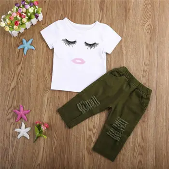 Мода ежедневни новородено момиченце памук миглите печат с къс ръкав на пуловер бяла риза върхове зелени панталони 2 бр. облекло лято