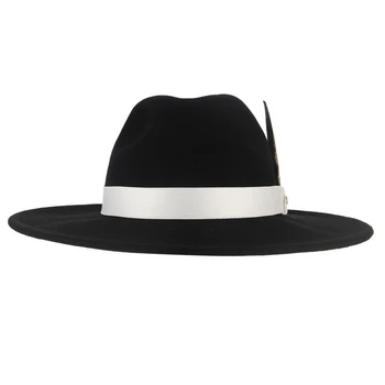 GEMVIE New Stiff Wide Brim вълнена фетровая шапка Fedora за жени Man Шарени Feather Band Есен Зима Панама Jazz Cap