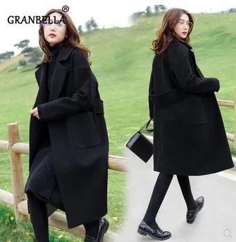 Паунда на мазнини мм вълна палто свободно cut плътен цвят жени топъл пълен ръкав черно палто с отложным яка ретро палто 2020 есен