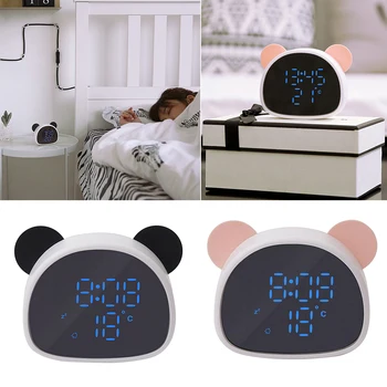 Panda Shape Digital Alarm Clock Portable Mirror Display Температура Time for Children Kids, LED Digital Display Clock