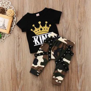 2 бр. детска тениска с къс ръкав King Print топ и камуфляжные панталони комплект за деца и момчета дрехи