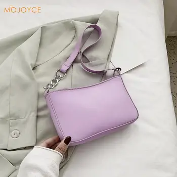 Плътен цвят изкуствена кожа дамски Пазарска чанта Chain ежедневни подмишница чанта през рамо мода изискана пазарска чанта
