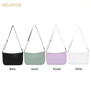 Плътен цвят изкуствена кожа дамски Пазарска чанта Chain ежедневни подмишница чанта през рамо мода изискана пазарска чанта