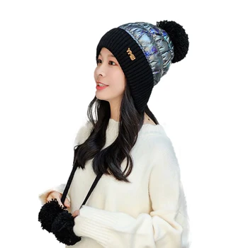 Шапка Hat за жени зимна шапка вязаная есен Skullies Шапка унисекс дами топло пискюл качулка Cap корейски черно червено капачка