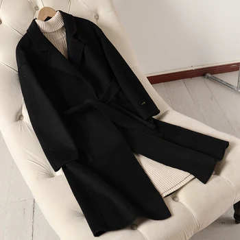 2019 двустранно кашемировое палто женски дълъг стил слаб корейски вълна плат палто плътен колан корейски модерен колан