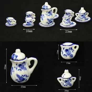 15 бр./компл. куклена къща миниатюрен 1/12 dining синьо цвете Керамични чай саксия чаша чиния за декор куклена къща подарък играчка