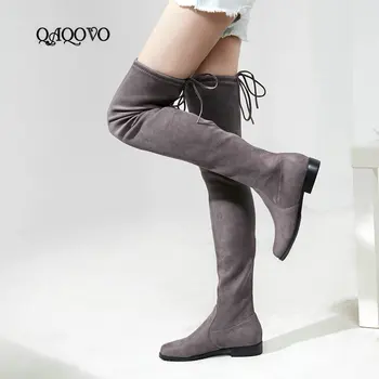 2018 плосък ток над коляното ботуши дамски стадо кожени ботфорты приплъзване за есен-зима обувки жена размер 34-43 черен сив