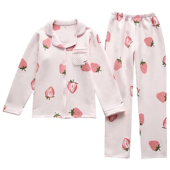 Нови есенни и зимни дамски памучни пижами комплект памук, дебелина на въздушния слой сладък карикатура панталони с дълъг ръкав домашен услуги женски костюм