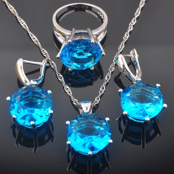 2020 нов кръг на синята кристална жени сребърен цвят бижута комплекти обеци с висулка колие пръстени QZ0564