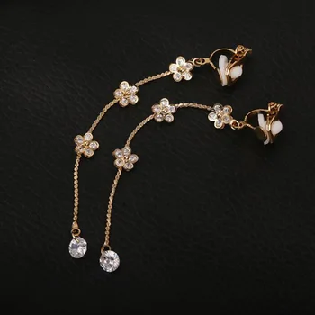 Grace Jun Top Quality Gold Color Small Flower Full AAA CZ Long Clip on обици, без пиърсинг Party Wedding Ear Clip Bijouterie